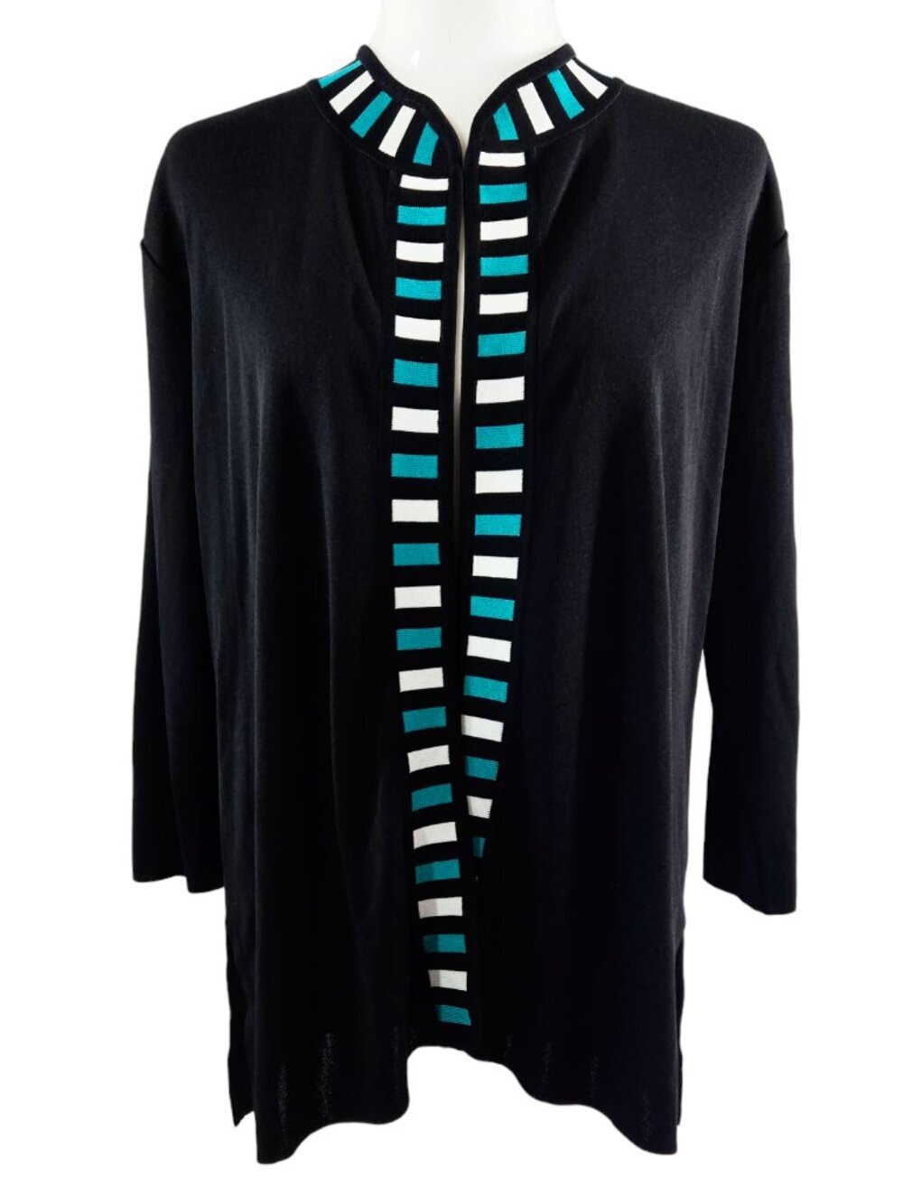 Exclusively Misook Black Contrast Trim Open Front Cardigan Capsule Modest